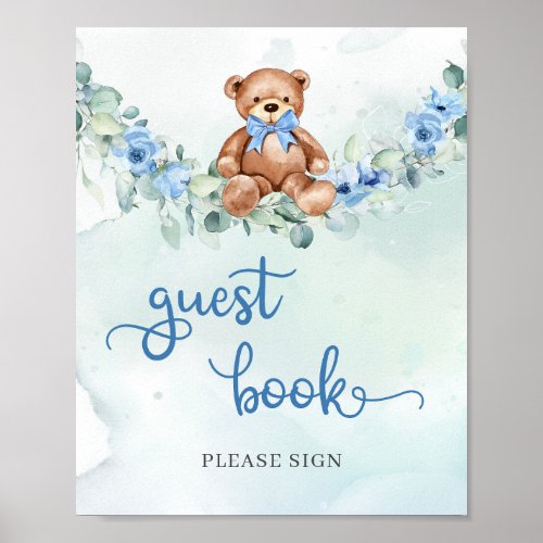 Teddy bear dusty blue floral eucalyptus guest book