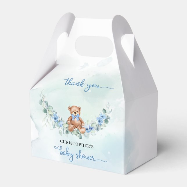 Teddy bear dusty blue floral eucalyptus wreath favor boxes (Front Side)