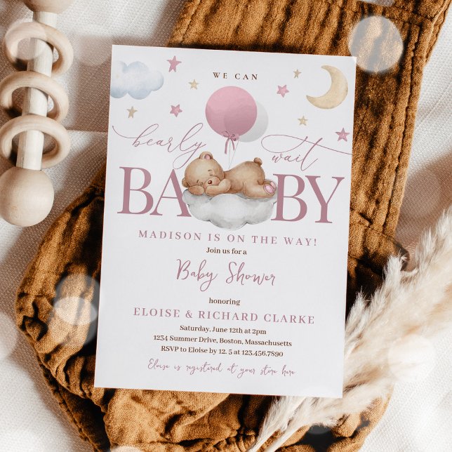 Teddy Bear Dusty Pink Balloon Clouds Baby Shower Invitation (Creator Uploaded)