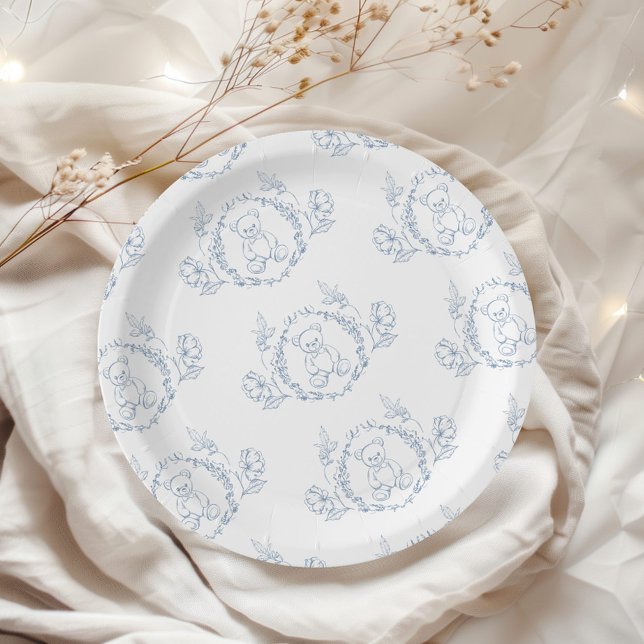 Teddy bear Elegant Chinoiserie Toile Baby shower Paper Plates (Creator Uploaded)