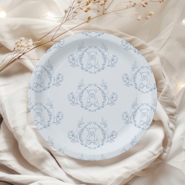 Teddy bear Elegant Chinoiserie Toile Baby shower Paper Plates (Creator Uploaded)