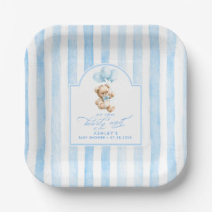 Teddy Bear Elegant Light Blue Stripes Baby Shower Paper Plates