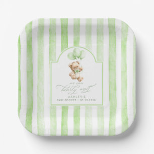 Teddy Bear Elegant Light Green Stripes Baby Shower Paper Plates