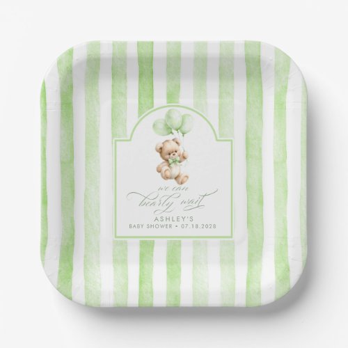 Teddy Bear Elegant Light Green Stripes Baby Shower Paper Plates