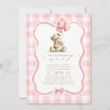 Teddy Bear Elegant Pastel Pink Gingham Baby Shower