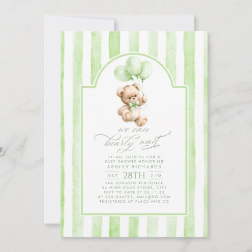 Teddy Bear Elegant Sage Green Stripes Baby Shower Invitation