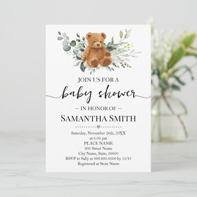 Teddy Bear Eucalyptus Greenery Baby Shower Invitation (Standing Front)