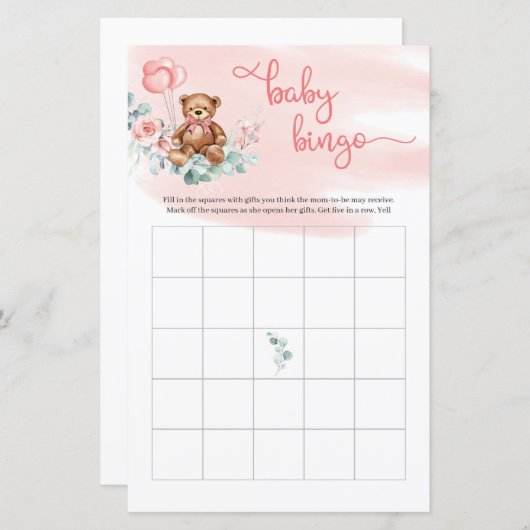 Teddy Bear Eucalyptus Wreath Baby Bingo Game (Front/Back)