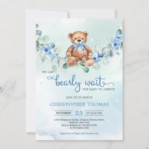 Teddy Bear Eucalyptus Wreath Boy Baby Shower Invitation