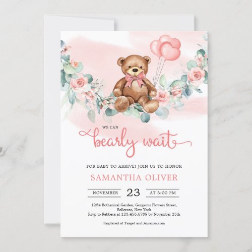 Teddy Bear Eucalyptus Wreath Girl Baby Shower Invitation