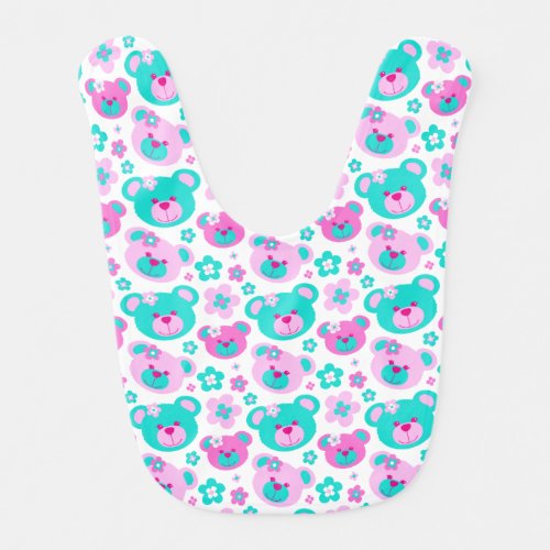 Teddy bear faces and flowers pink teal baby bib