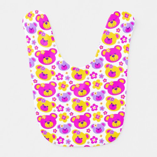 Teddy bear faces and flowers pink yellow baby bib