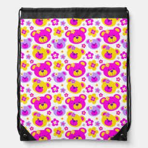 Teddy bear faces & flowers pattern drawstring bag