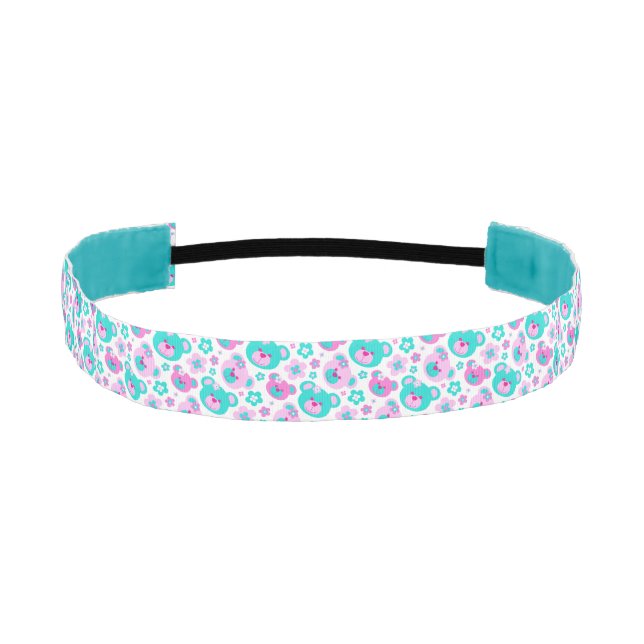Teddy bear faces pink aqua patterned hairband athletic headband (Front)