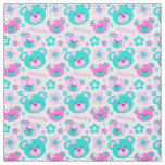 Teddy bear faces pink aqua white pattern fabric