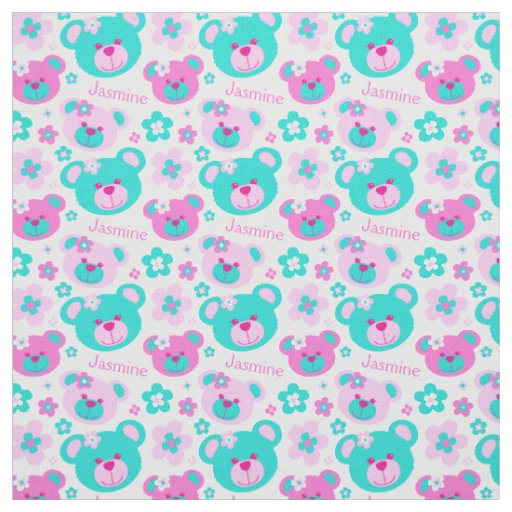 Teddy bear faces pink aqua white pattern fabric
