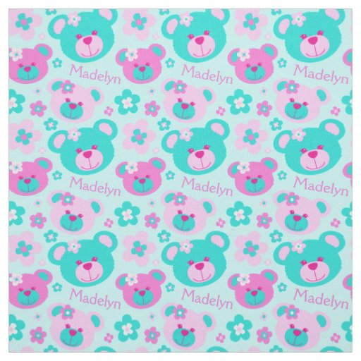 Teddy bear faces pink aqua white pattern fabric