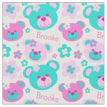 Teddy bear faces pink aqua white pattern fabric