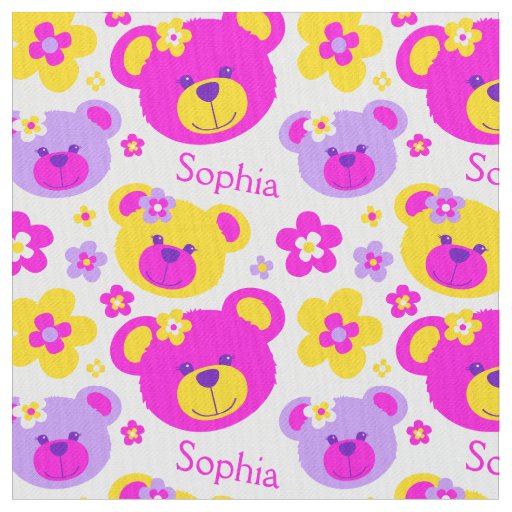 Teddy bear faces pink purple yellow white pattern fabric