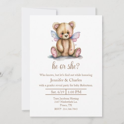 Teddy Bear Fairy Gender Reveal Party Invitation