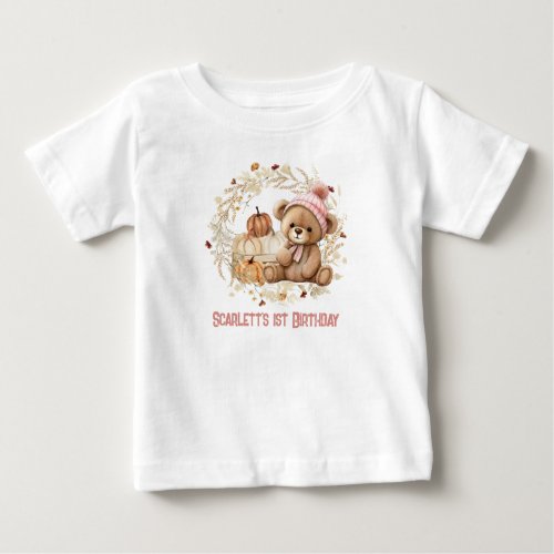 Teddy Bear Fall 1st Birthday Pumpkins Name Girl Baby T_Shirt