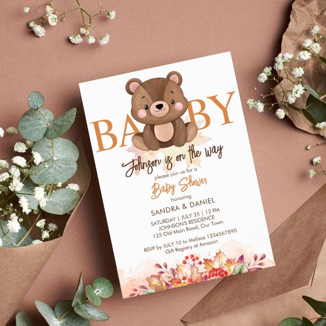 Teddy bear fall baby shower cute teddy invitation (Teddy bear fall baby shower template invitation instant download autumn foliage brown color)