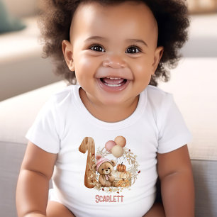 Teddy Bear Fall Beary 1st Birthday Girl Baby Bodysuit