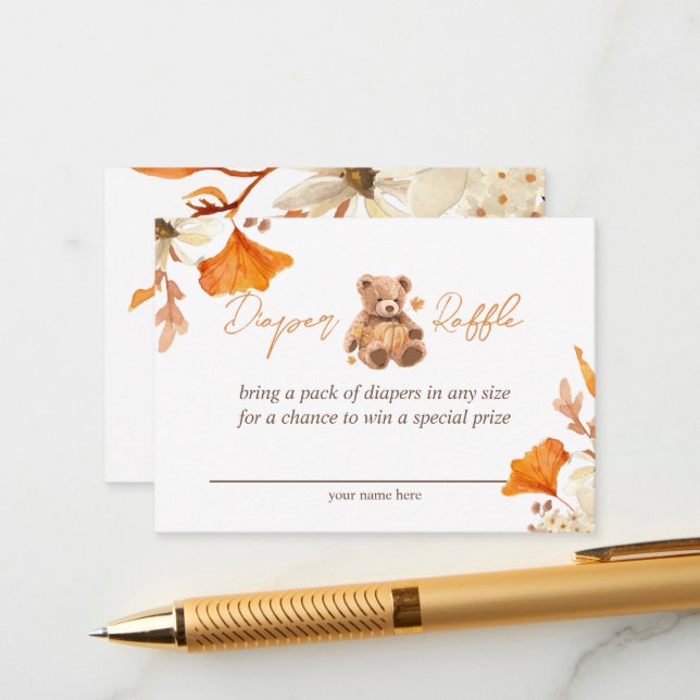 Teddy Bear Fall Floral Diaper Raffle Enclosure Card (Front/Back In Situ)