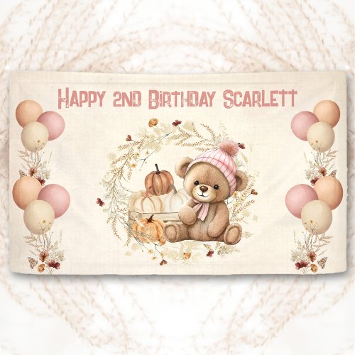 Teddy Bear Fall Girl Pink Beige Birthday Banner