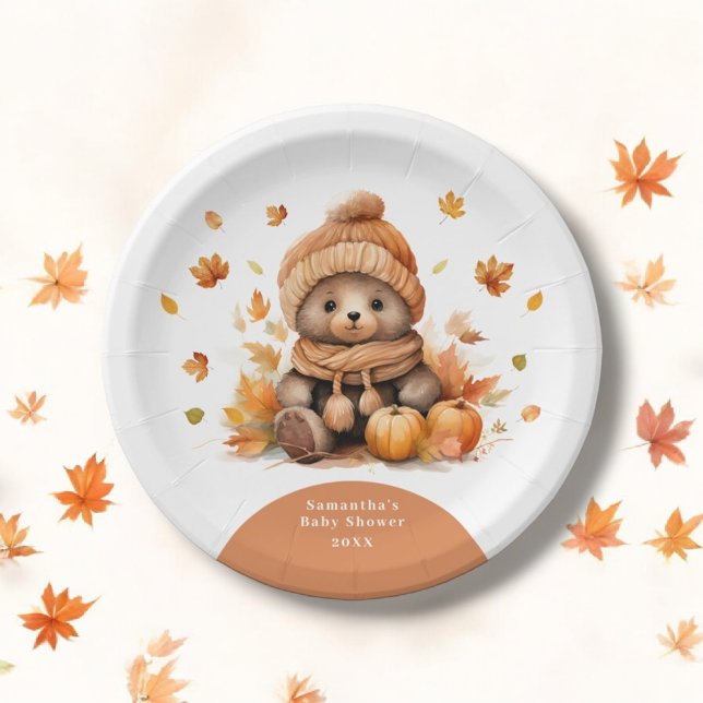 Teddy Bear Fall In Love Autumn Pumpkin Paper Plates (Creator Uploaded)