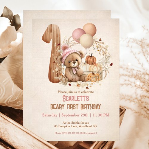 Teddy Bear Fall Pumpkins Girl Beary 1st Birthday  Invitation