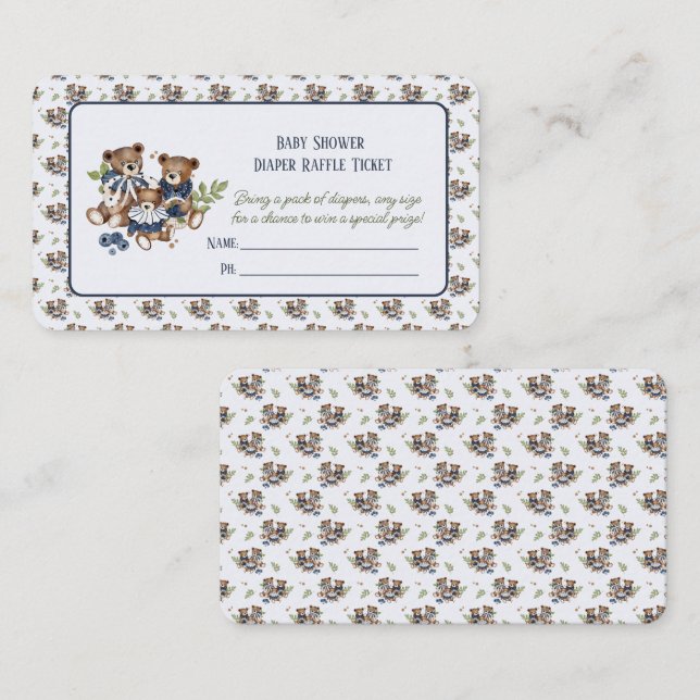 Teddy Bear Family Baby Boy Shower Diaper Raffle Enclosure Card (Front/Back)