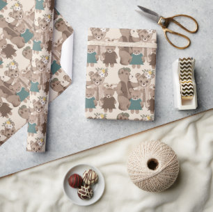 Teddy Bear Family Floral Greenery Baby Shower Wrapping Paper