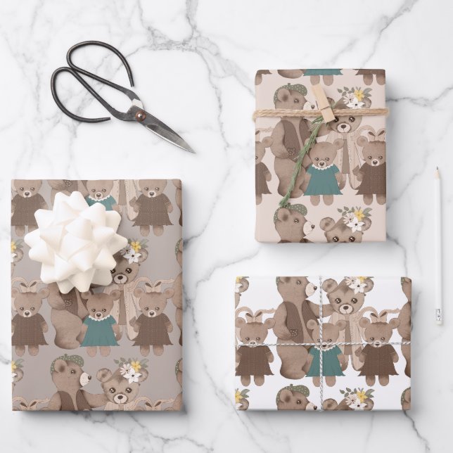 Teddy Bear Family  Wrapping Paper Sheets (Front)