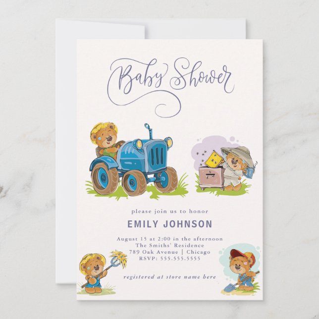 Teddy Bear Farm Tractor Baby Shower Invitation (Front)