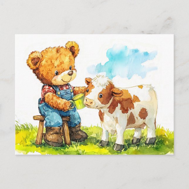 Teddy Bear Feeding a Calf Postcard (Front)