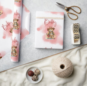 Teddy Bear Fireman Boy Baby Shower Wrapping Paper