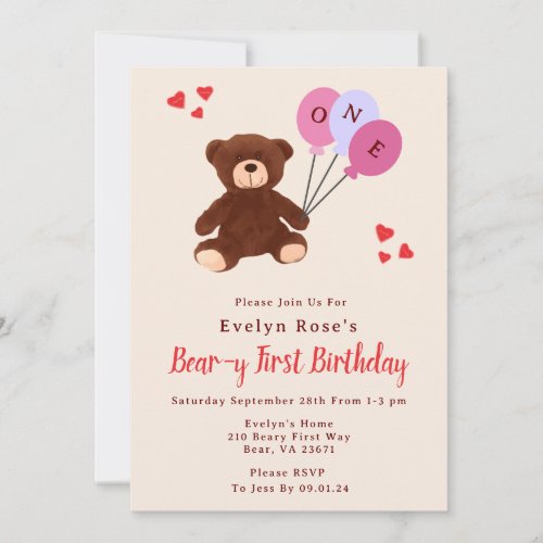 Teddy Bear First Birthday Balloon Girls Cream Invitation