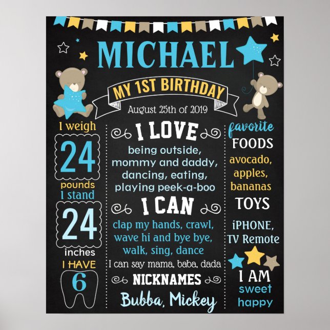 Teddy Bear First Birthday chalkboard sign (Front)