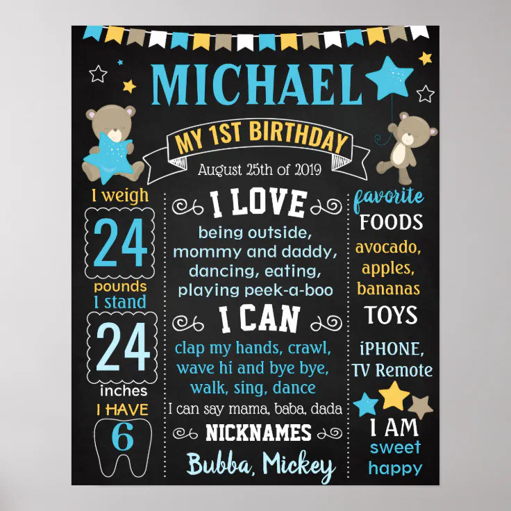 Teddy Bear First Birthday chalkboard sign | Zazzle