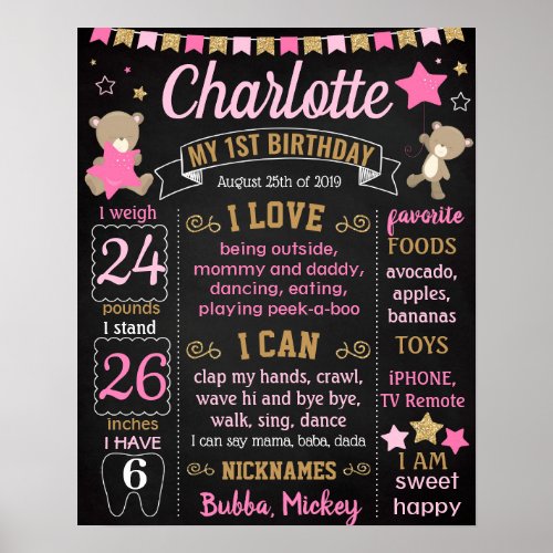 Teddy Bear First Birthday chalkboard sign girl