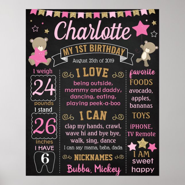 Teddy Bear First Birthday chalkboard sign girl (Front)