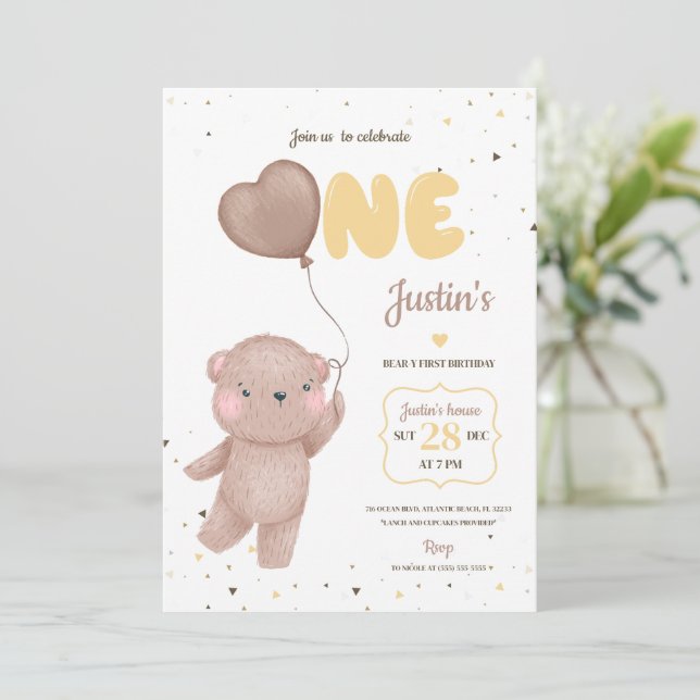Teddy Bear First Birthday Invitation (Standing Front)