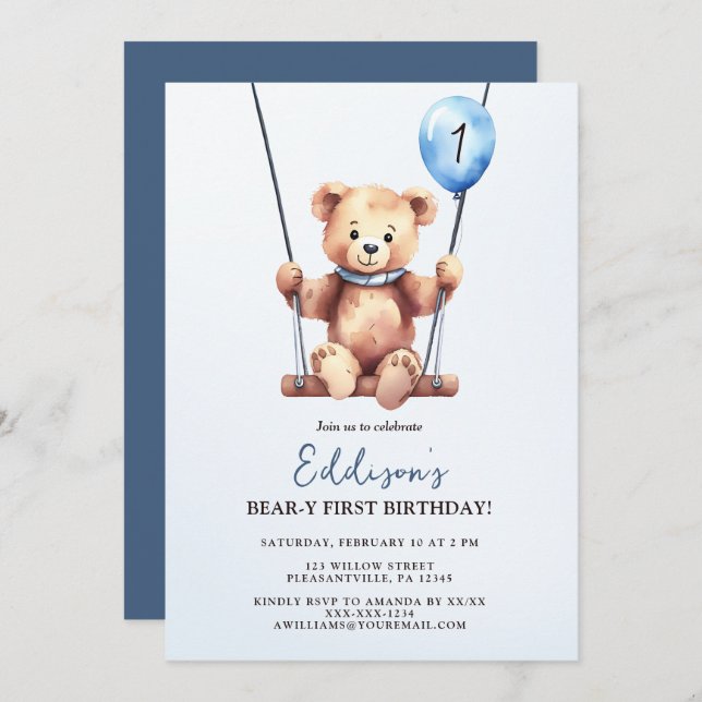 Teddy Bear First Birthday Invitation (Front/Back)