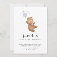 Teddy Bear First Birthday Invitation Blue Balloon
