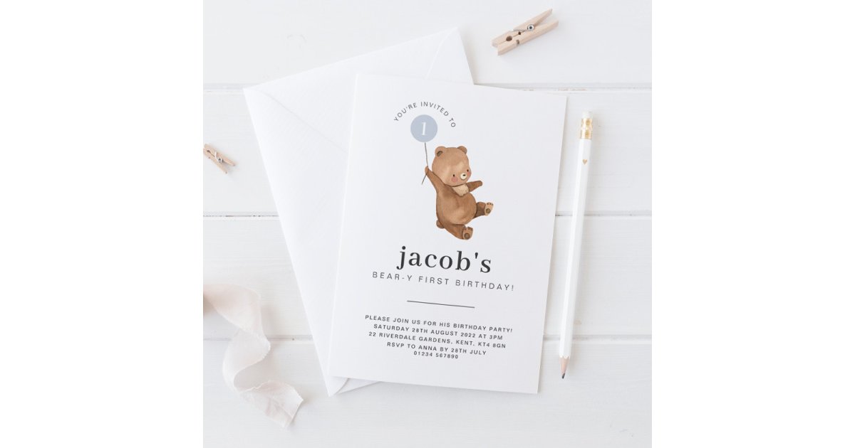 Teddy Bear First Birthday Invitation Blue Balloon | Zazzle