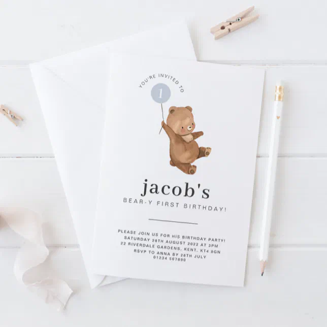 Teddy Bear First Birthday Invitation Blue Balloon | Zazzle