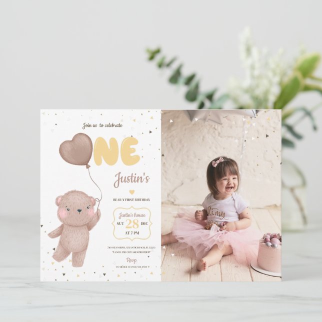 Teddy Bear First Birthday Invitation With Photo (Standing Front)