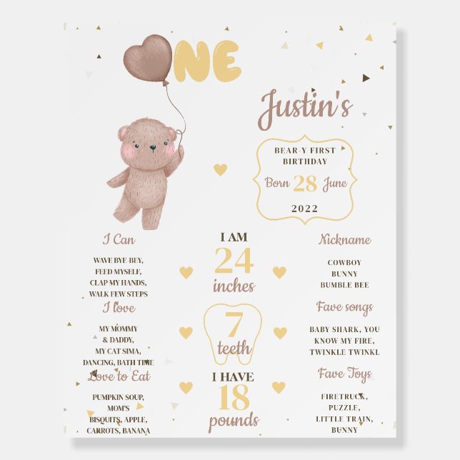 Teddy Bear First Birthday Milestones Sign (Front)