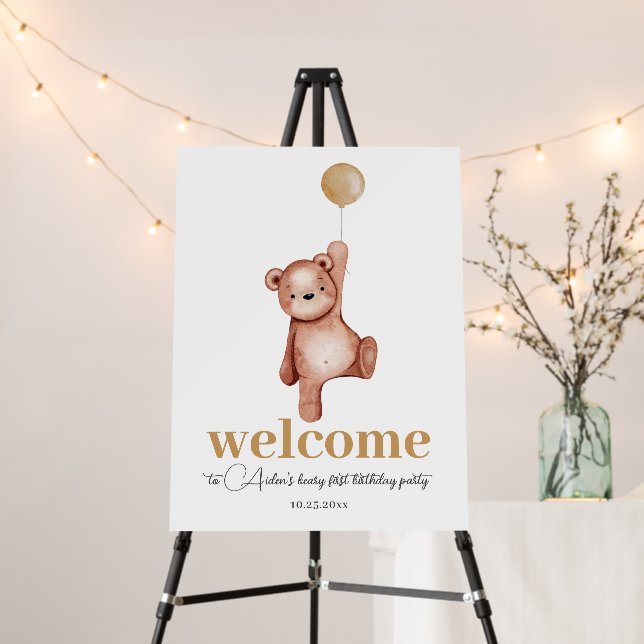 Teddy Bear First Birthday Neutral Welcome Sign (In Situ (Stand))
